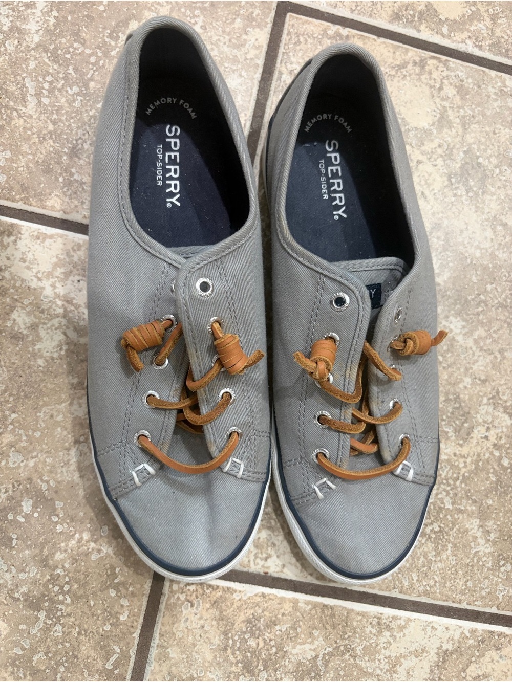 Sperry Gray Canvas women’s Boat Shoes with Brown Laces